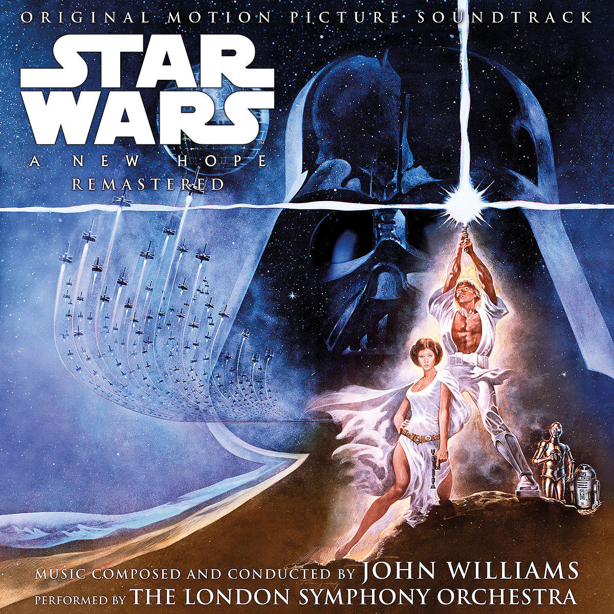 Star Wars-filmposter. Darth Vader, Luke, Leia en andere personages zijn zichtbaar.