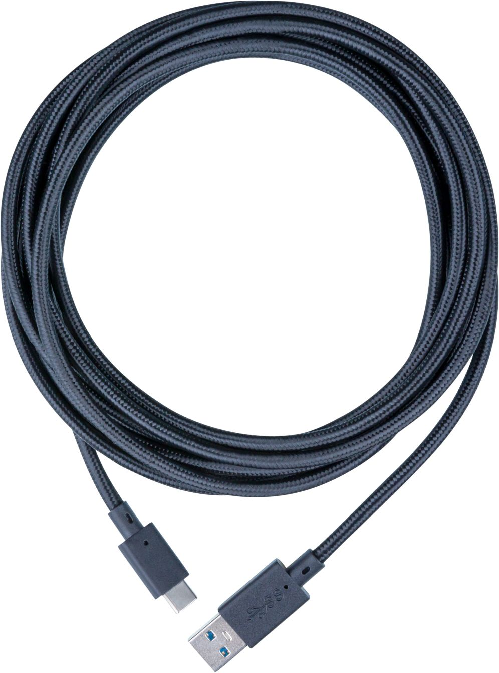 Schwarzes USB-C-zu-USB-A-Geflechtkabel, auf weißem Hintergrund aufgerollt, modernes Design.