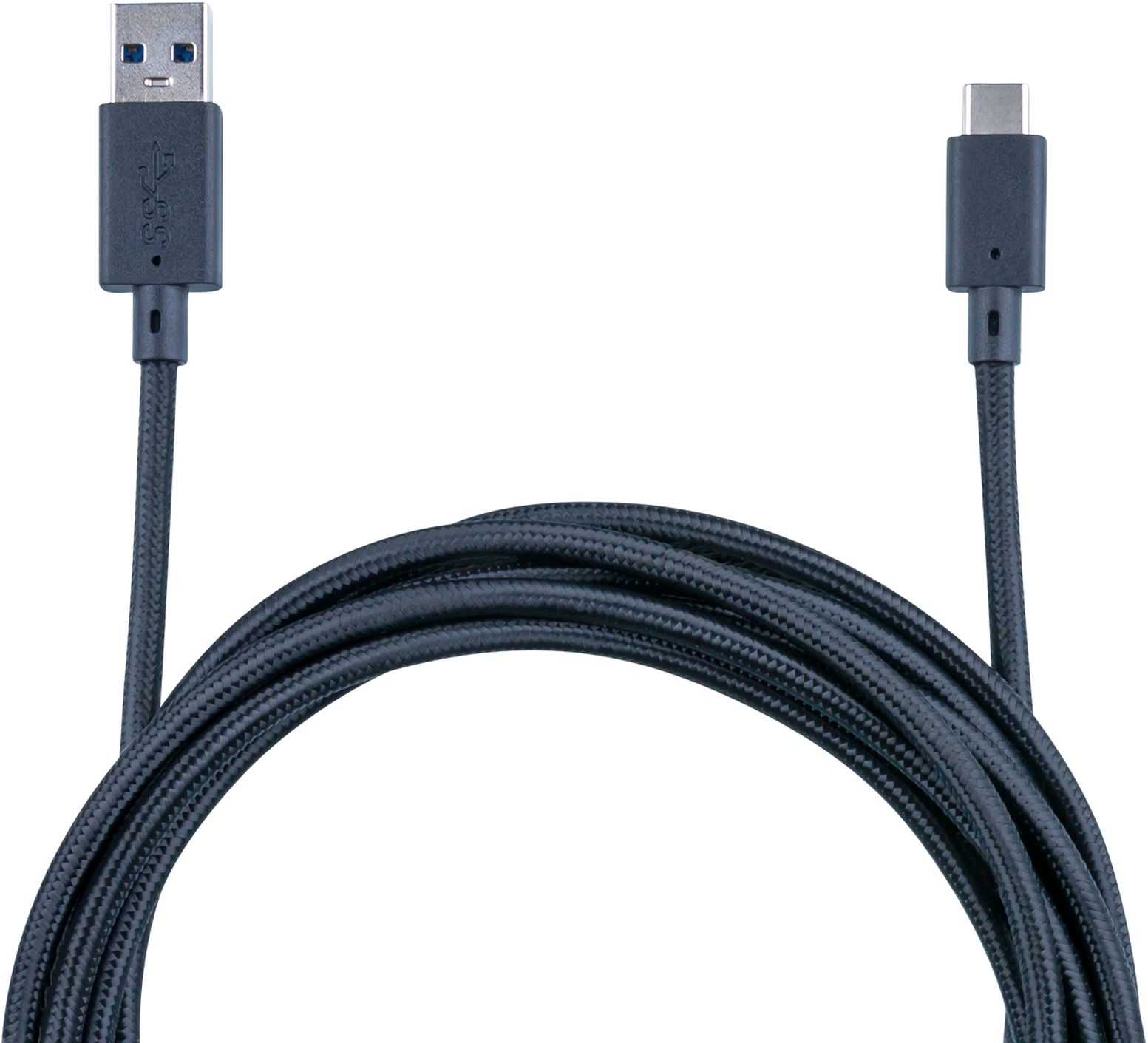 Ein USB-zu-USB-C-Kabel, schwarz, mit Anschlüssen an jedem Ende.