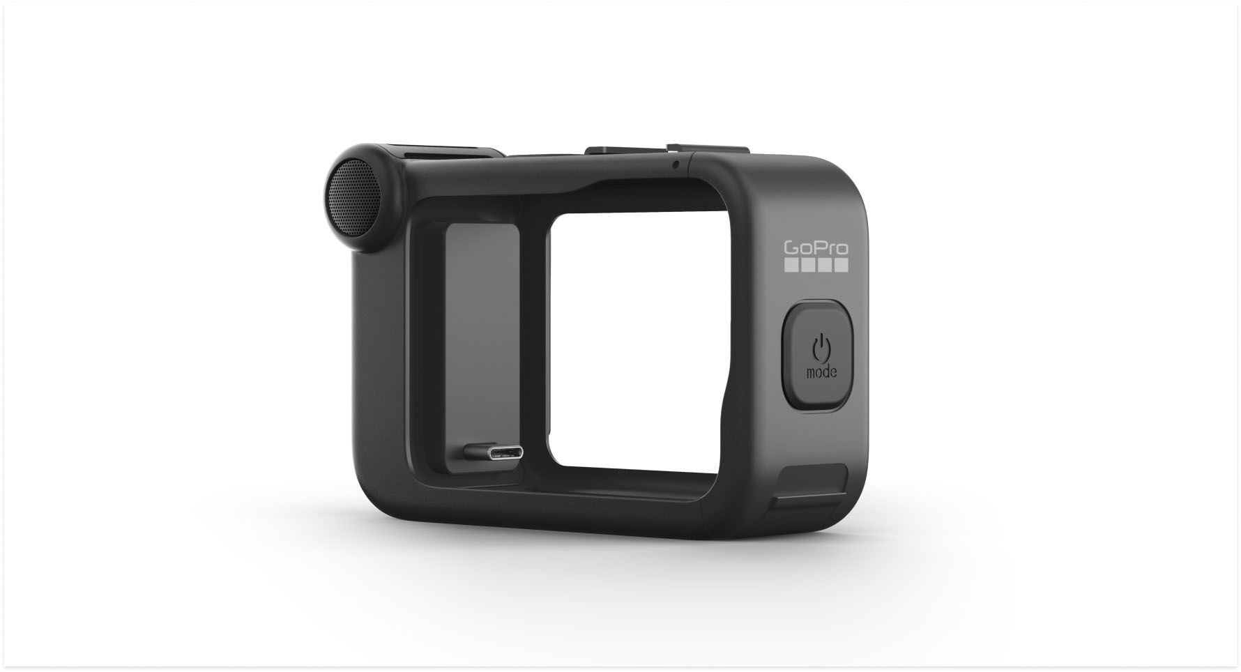 Schwarzer GoPro-Kamera-Rahmen mit Mikrofonanschluss und Ein-/Aus-Taste. Weißer Hintergrund.