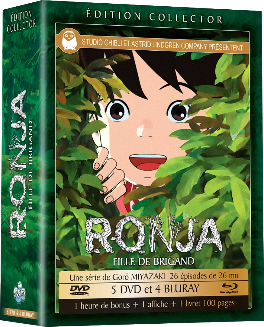 Couverture DVD d'un anime japonais, Ronja, The Robber's Daughter. Un garçon se cache dans les feuilles.
