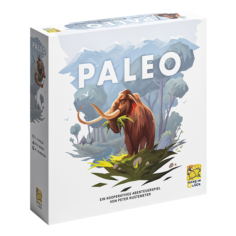 Paleo Brettspielbox. Ein Mammut, das Gras frisst, steht im Mittelpunkt. Die Box ist weiß mit Blau und Grün.