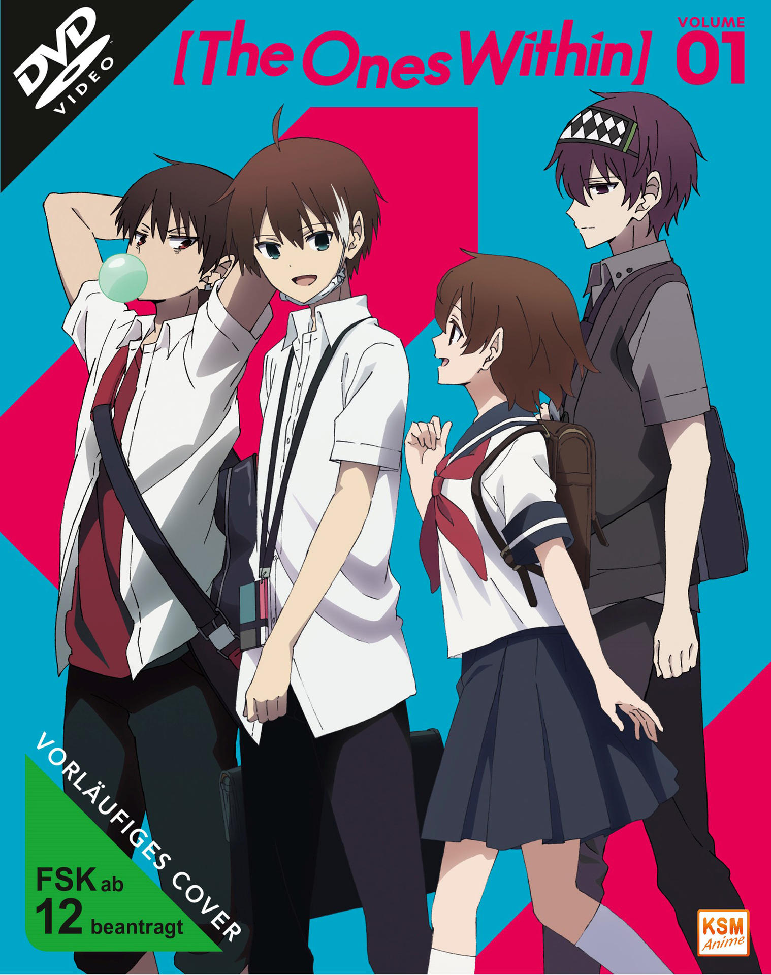 Anime-DVD-Cover mit vier Charakteren. Text auf Englisch und Deutsch.
