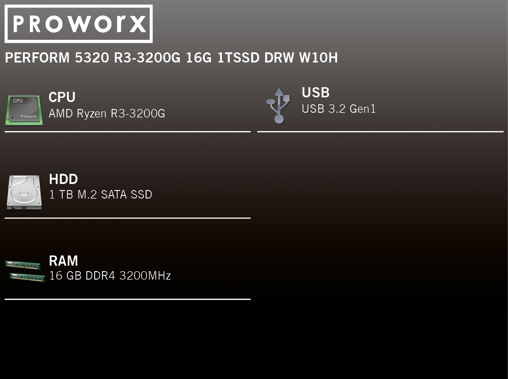 PROWORX Desktop PC PERFORM 5320 R5-3350G PRO 16G 1TSSD DRW W10H Desktop PC, AMD Ryzen™ 5 PRO 3350G, 16 GB RAM SSD, Schwarz