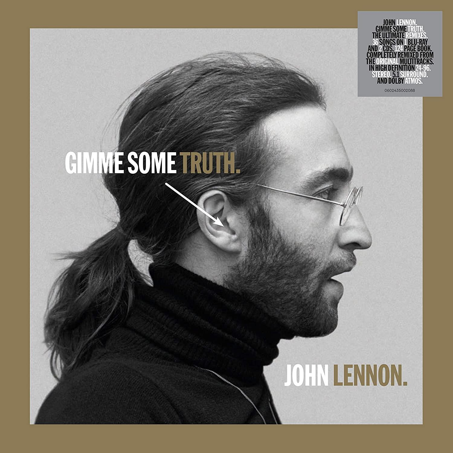 Album borító: John Lennon profil, "Gimme Some Truth" felirattal. Szöveg blokk az album részleteivel.