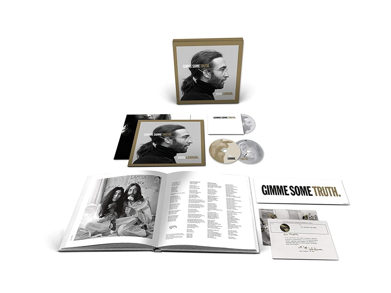 John Lennon album borítója fotókkal, szöveggel és box set elrendezéssel.