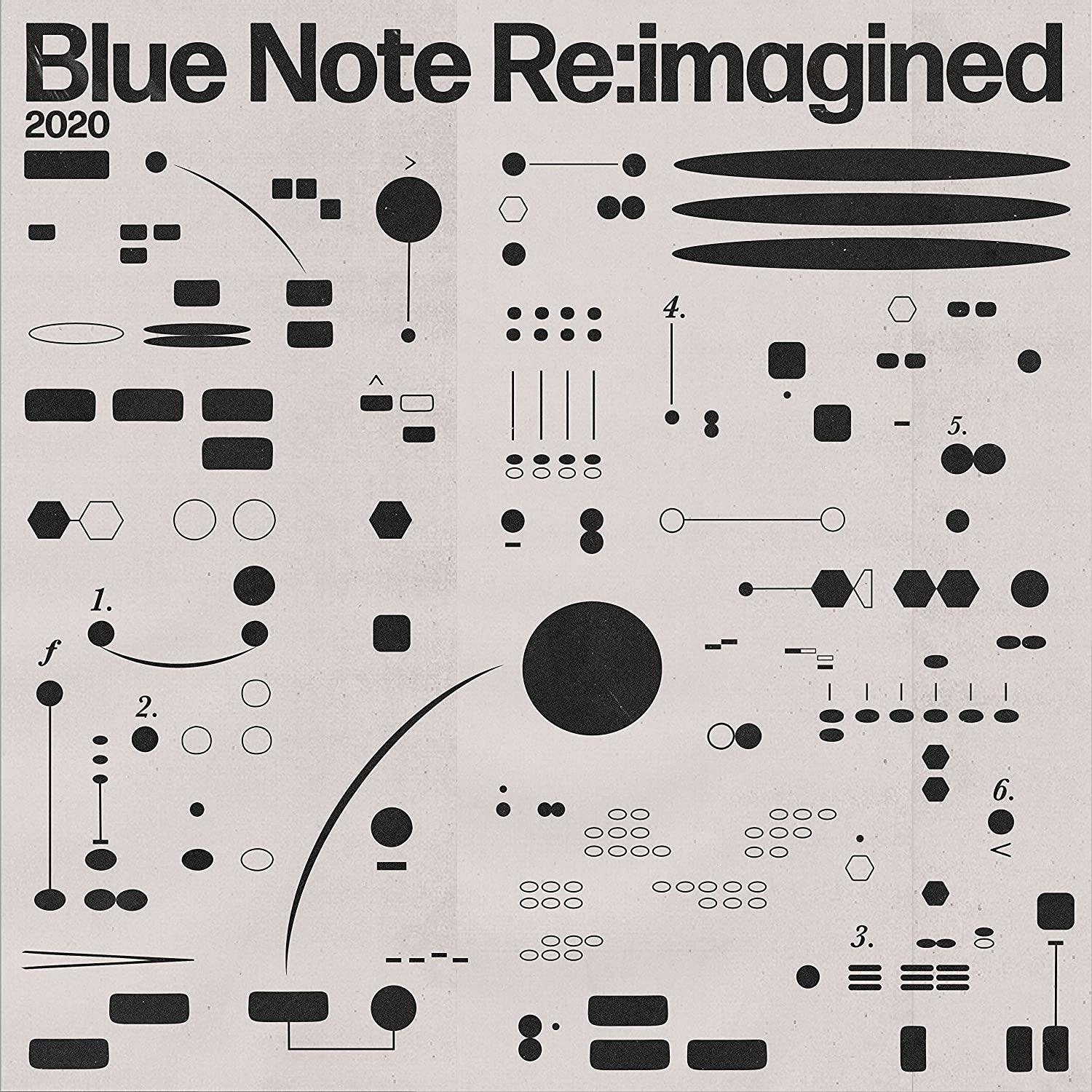 Design abstrait avec des formes et des lignes en noir sur fond beige, intitulé Blue Note Re:imagined.