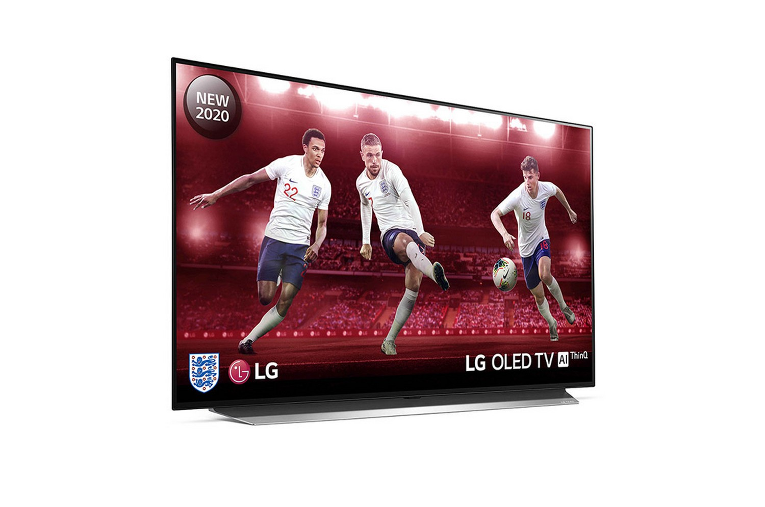 Un televisor LG OLED que muestra un partido de fútbol. El televisor está sobre un fondo blanco.