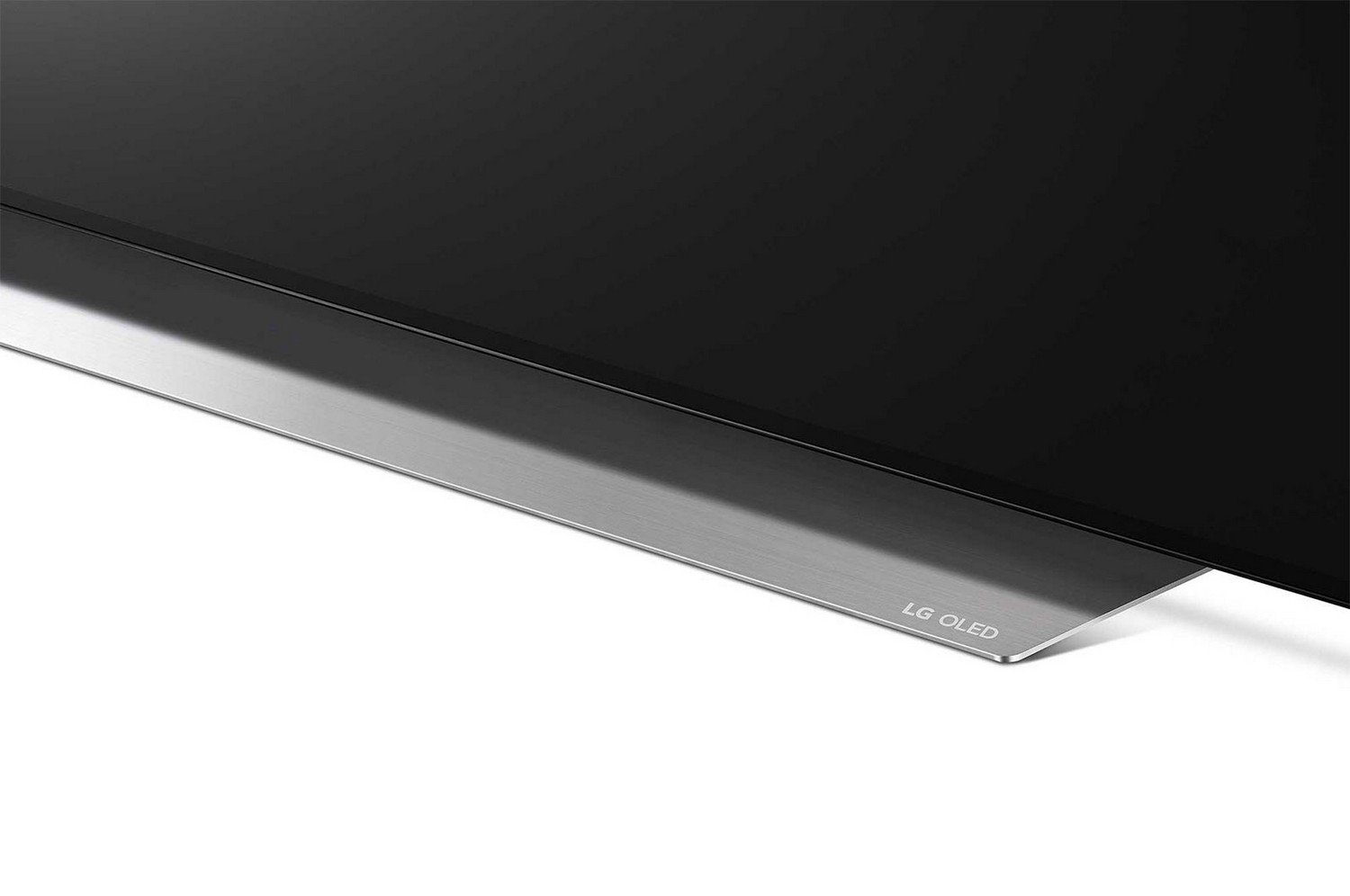 TV LG OLED, primer plano del borde inferior con soporte plateado y logo LG OLED.