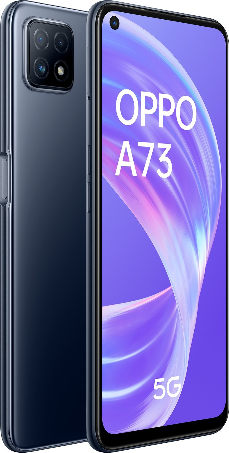 Smartphone OPPO A73 5G azul, con configuración de triple cámara en la parte trasera y logotipo OPPO en pantalla.