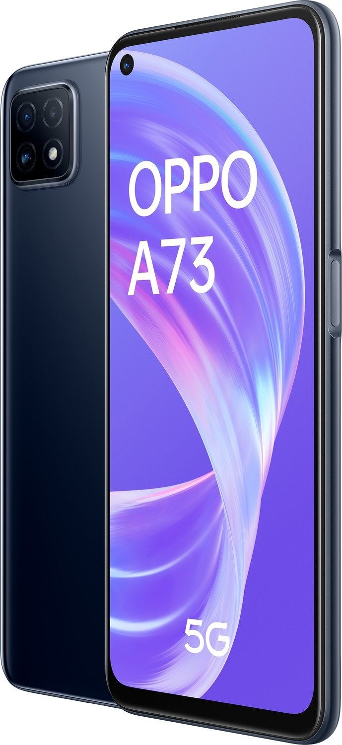 Un teléfono Oppo A73 5G azul, con la parte trasera visible.