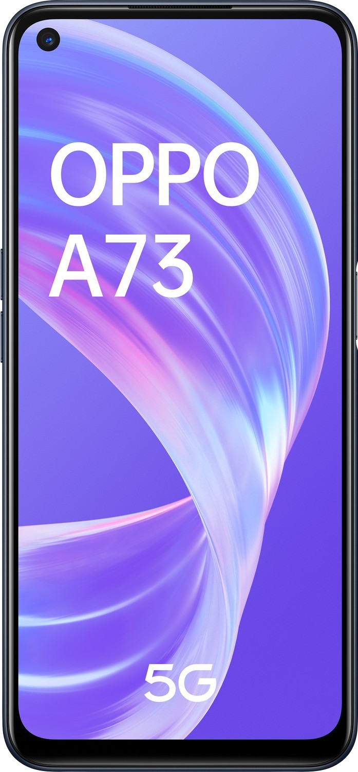 Teléfono OPPO A73 con parte trasera azul degradado y cámara frontal en la esquina superior izquierda.