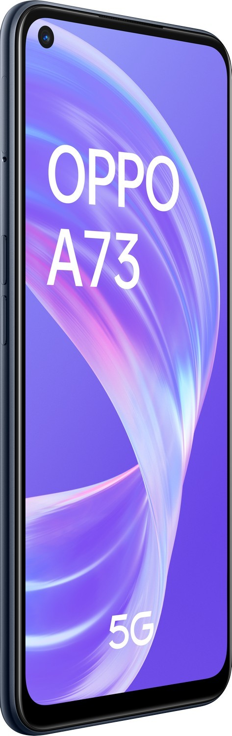 Smartphone Oppo A73 5G azul mostrando la pantalla, con el logo 5G.