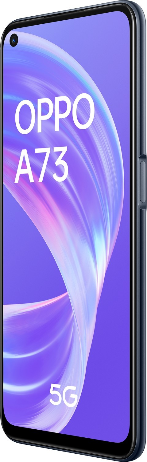 Smartphone Oppo A73 5G azul, vista lateral, mostrando la pantalla.