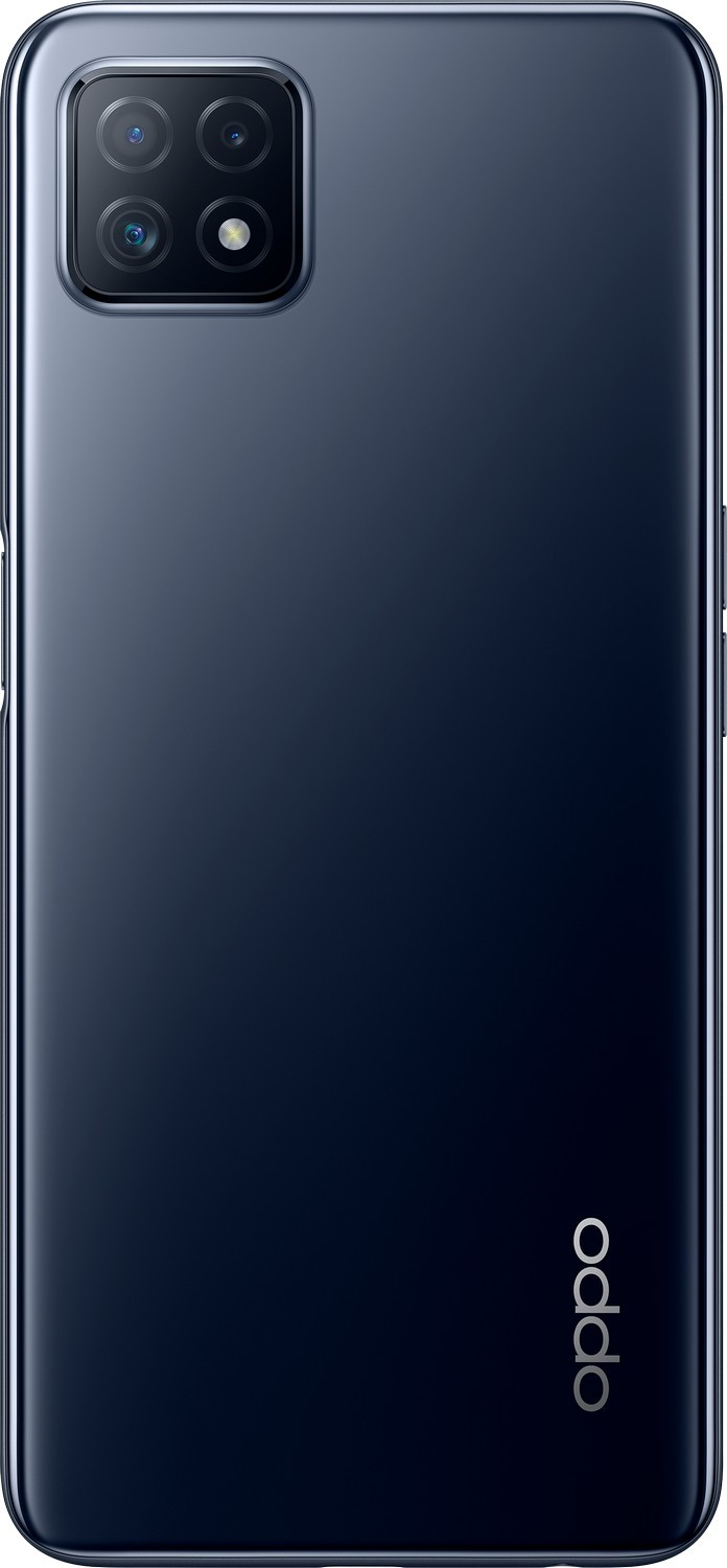 Smartphone azul oscuro, vista trasera, con cuatro cámaras y el logo 'oppo'.