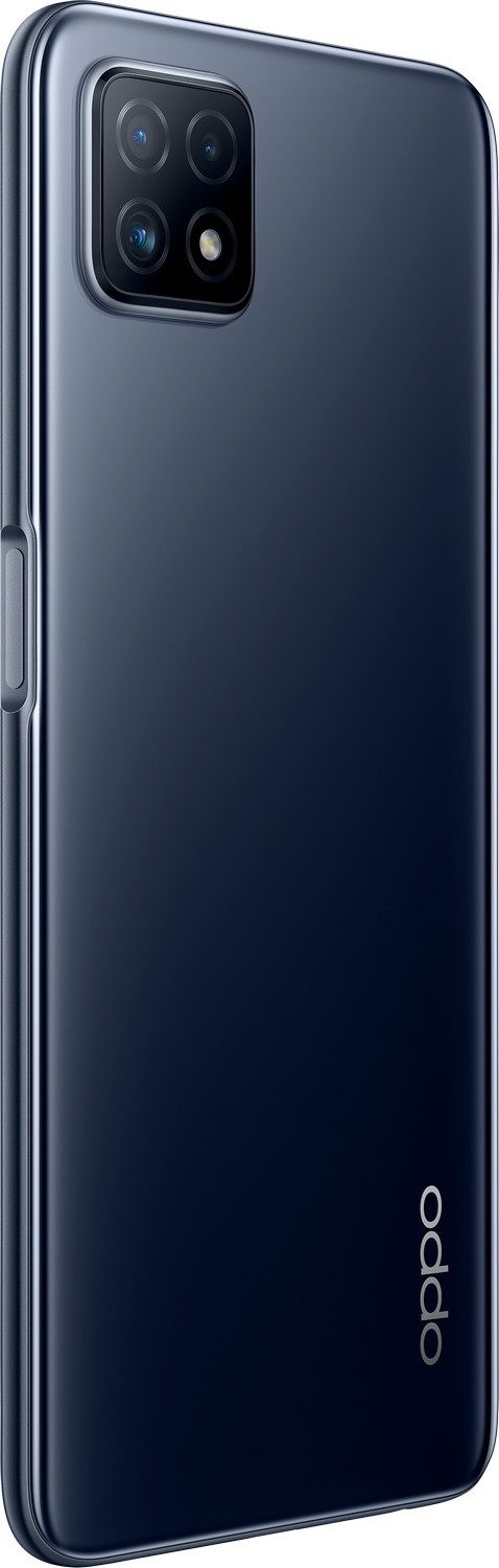 Teléfono Oppo azul oscuro con protuberancia de cámara. Vista lateral, logo Oppo visible.