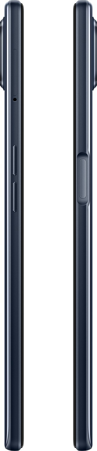 Dos lados de un teléfono inteligente azul oscuro, mostrando botones.