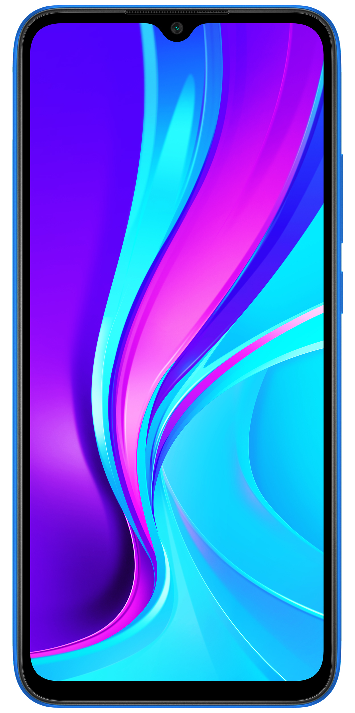 Teléfono inteligente azul con pantalla de gradiente colorida y cámara.