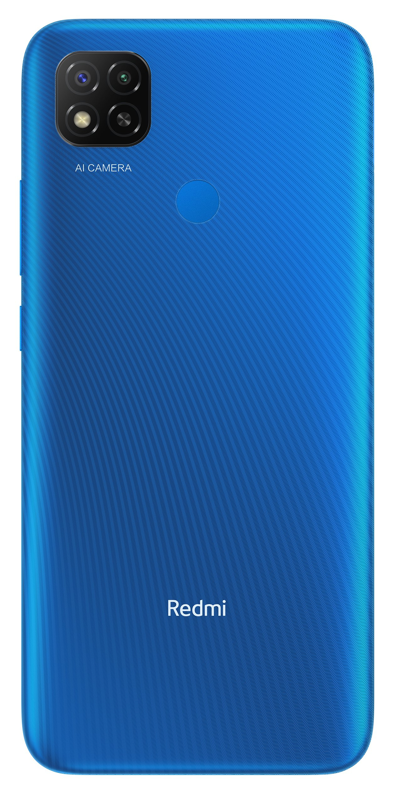 La parte trasera de un teléfono Redmi azul con la cámara y el sensor de huellas dactilares visibles.