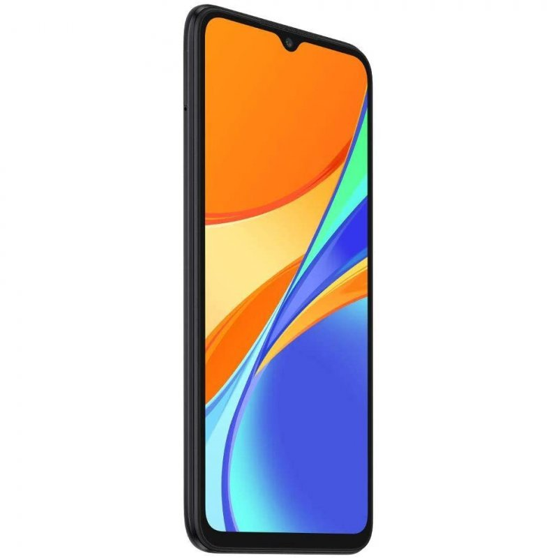 Un smartphone negro con un fondo de pantalla abstracto naranja y azul.