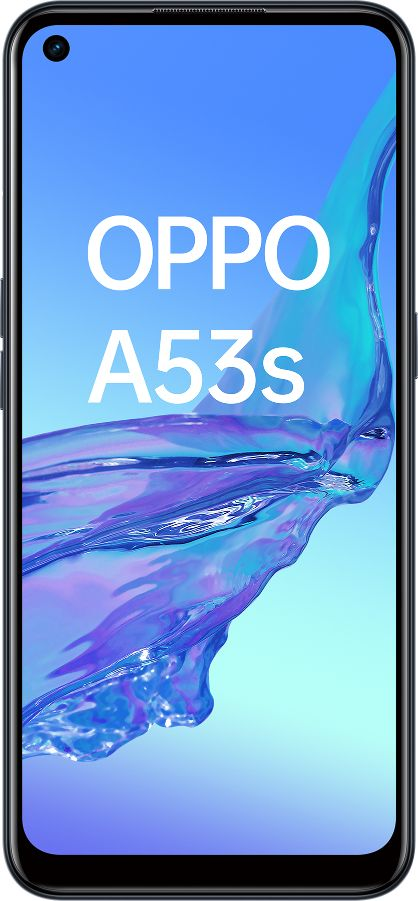Un teléfono OPPO A53s negro. La pantalla muestra OPPO y A53s en letras blancas sobre un fondo azul.