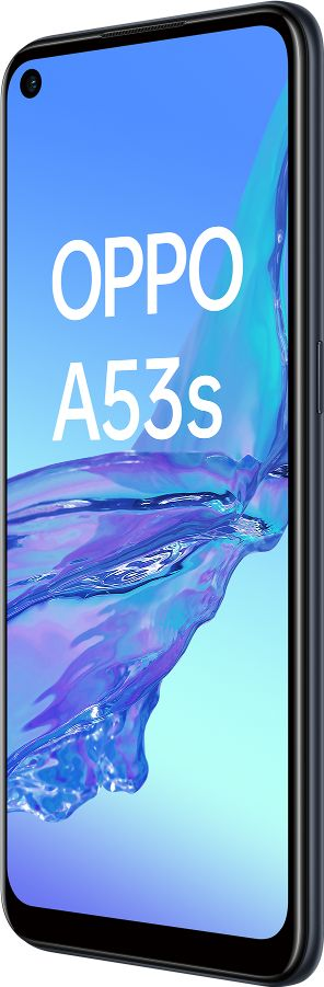 Un smartphone negro con el texto 'OPPO A53s' en la pantalla. Fondo azul y morado.