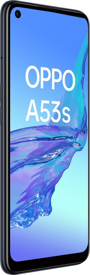 Un smartphone OPPO A53s azul marino, mostrando la pantalla desde el lado.