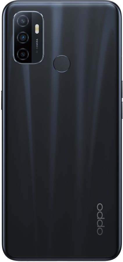 Smartphone negro con triple cámara trasera. El logo de Oppo está abajo.