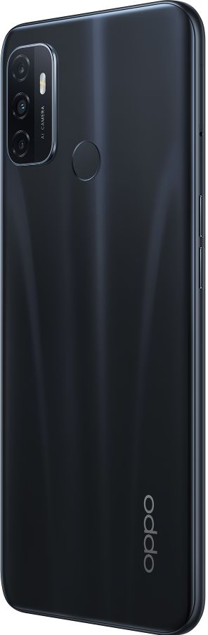 Teléfono Oppo negro, vista trasera. Triple cámara, logo Oppo y botones laterales.