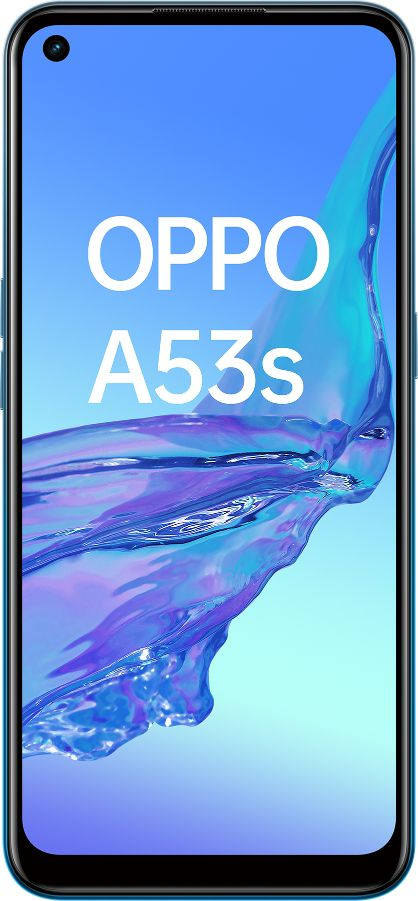 Smartphone OPPO A53s, pantalla mostrando el nombre de la marca.