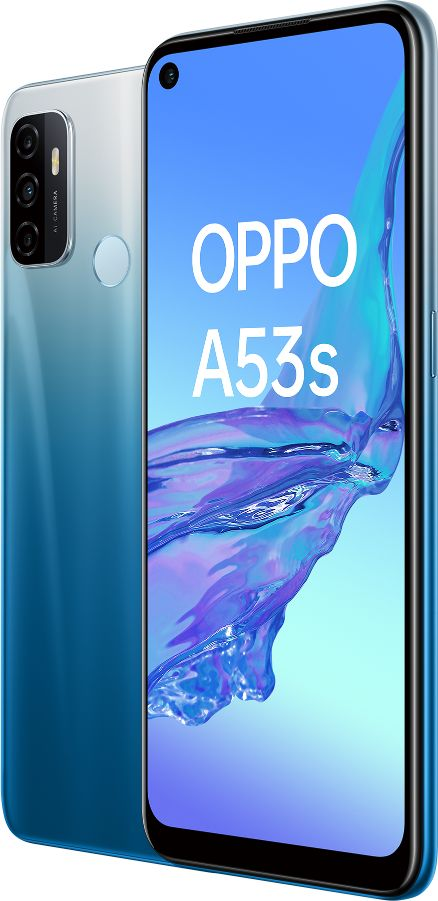 Smartphone degradado azul con tres cámaras traseras y el texto OPPO A53s.