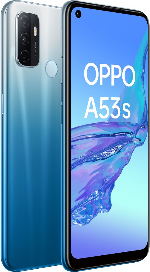 Un smartphone Oppo A53s azul y blanco, en ángulo sobre una superficie blanca.