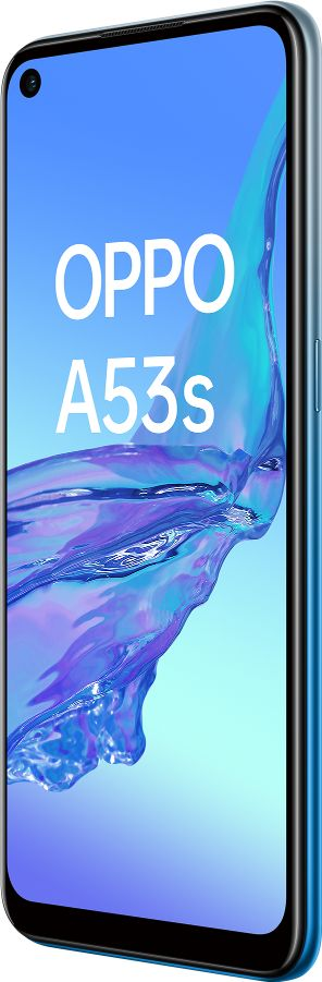 Un smartphone azul con un diseño abstracto en el fondo.