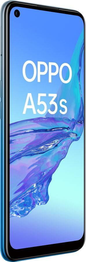 Un smartphone Oppo A53s en azul, mostrando la pantalla hacia adelante.