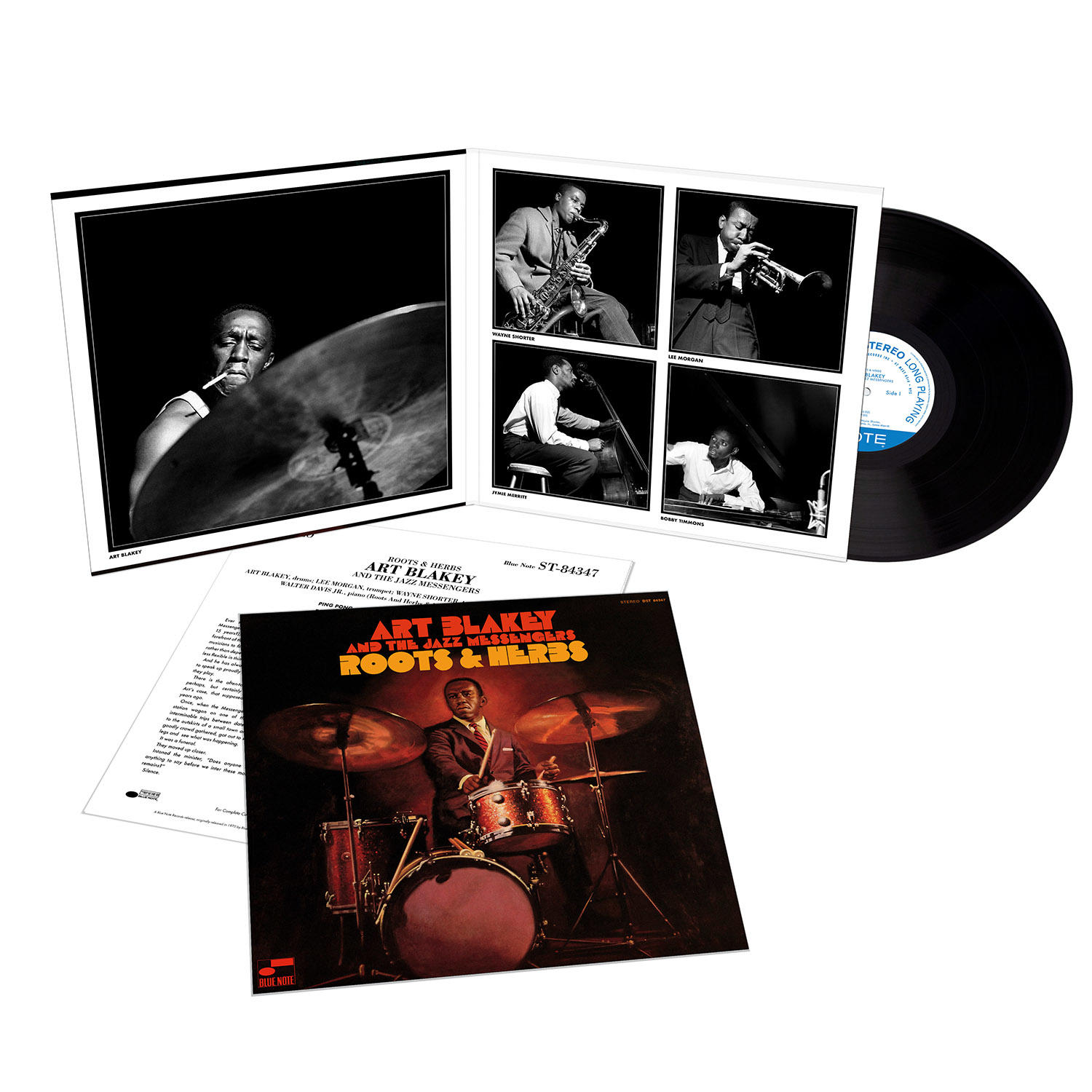 Art Blakey és a Jazz Messengers, Roots & Herbs album borítója. Fekete bakelit lemez és más albumképek láthatók.