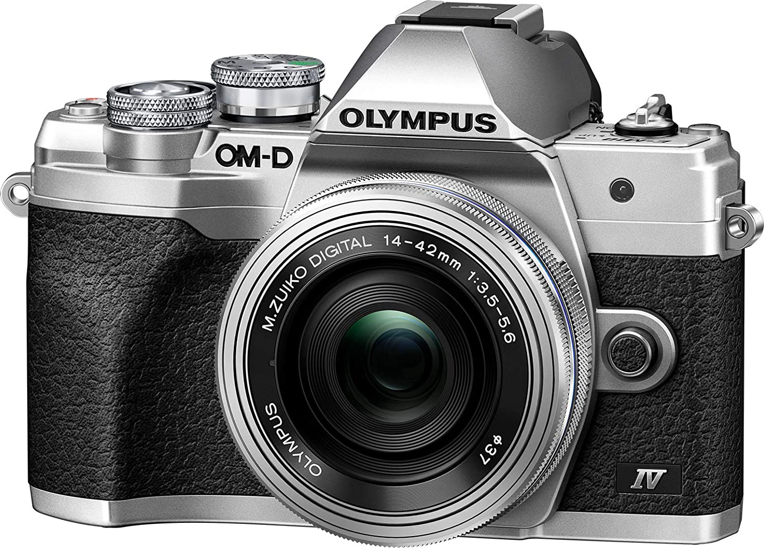 Silberne und schwarze Olympus OM-D Kamera. Das Objektiv ist fokussiert. Die Kamera liegt auf einer Oberfläche.