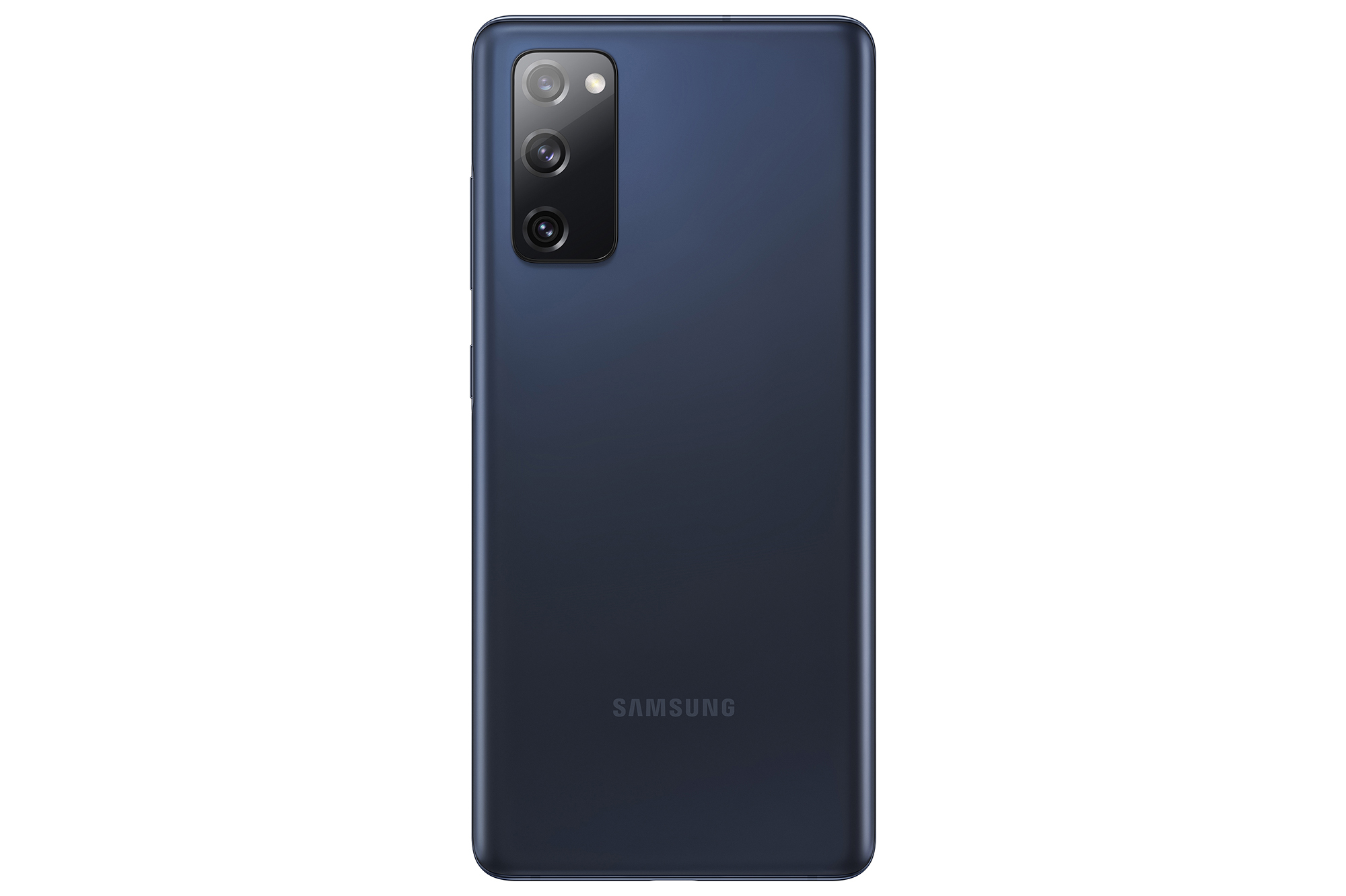 Üç kameralı ve Samsung logolu, koyu mavi telefonun arkası. Beyaz zemin.