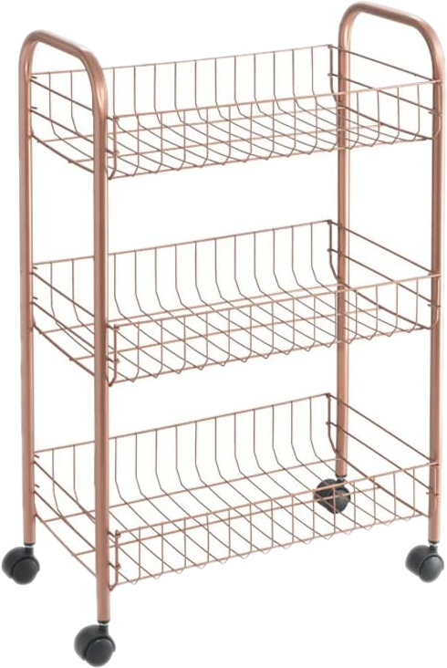 Bronz drótrács, három polccal és kerekekkel.
