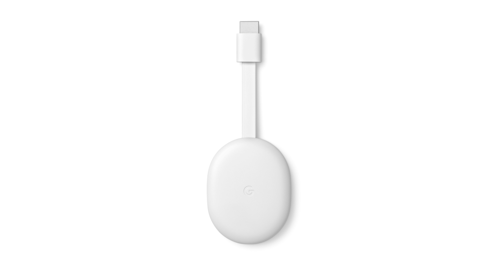 Weißer Google Chromecast mit weißem Kabel und USB-C-Anschluss, auf weißem Hintergrund.