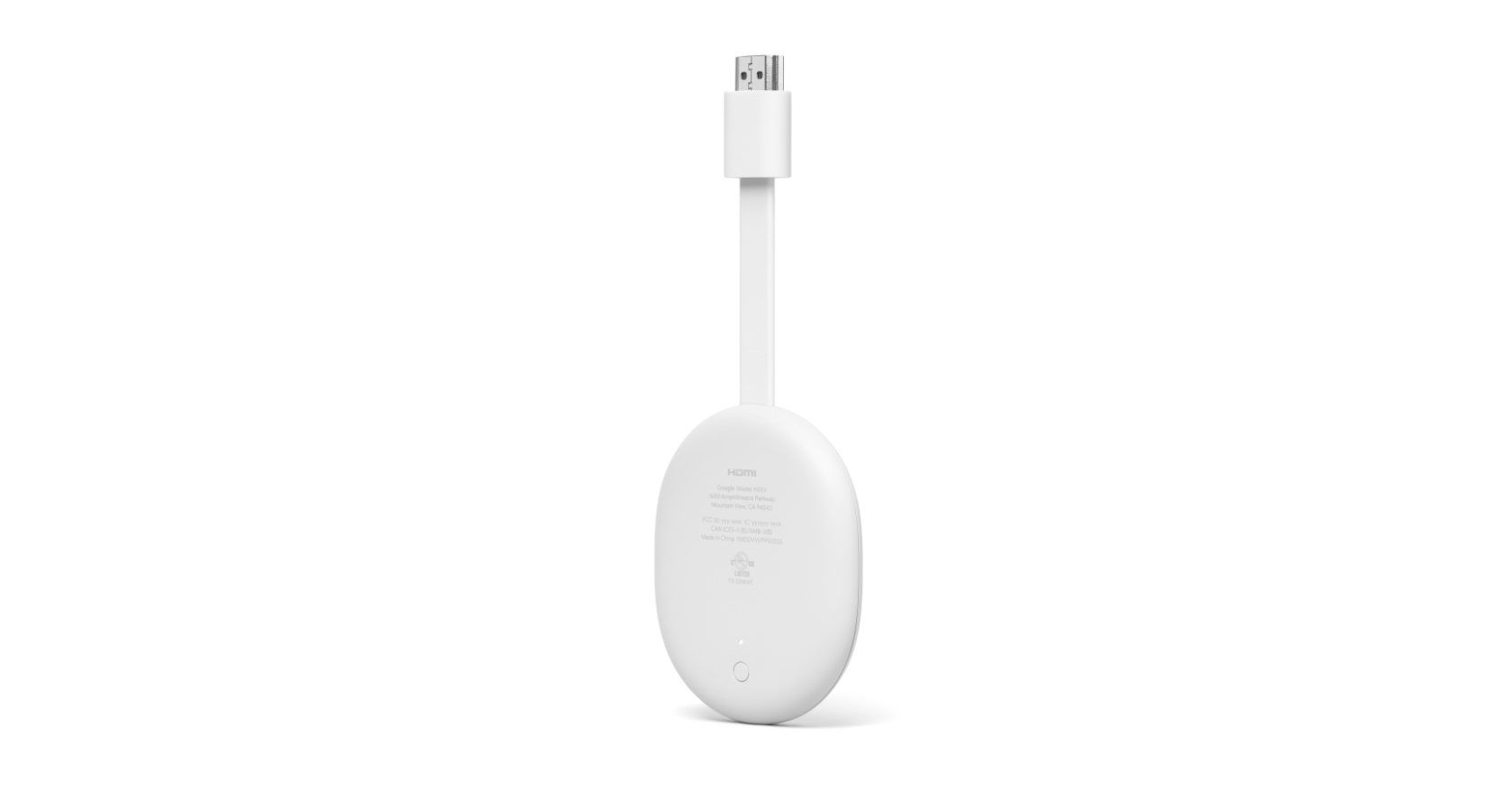 Weißes Chromecast-Gerät mit Kabel und HDMI-Anschluss. Weißer Hintergrund.