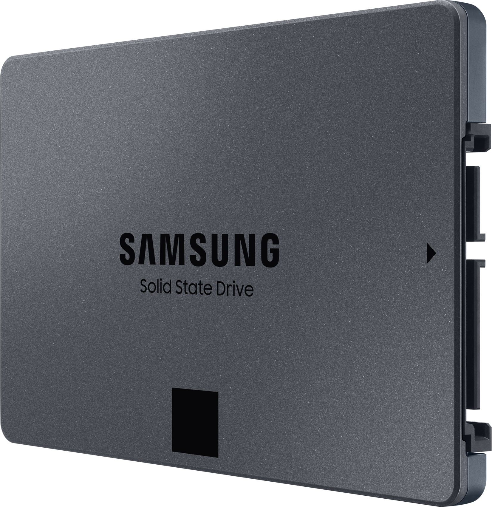 Un SSD Samsung gris avec le logo de l'entreprise. Le SSD est sur un fond noir.