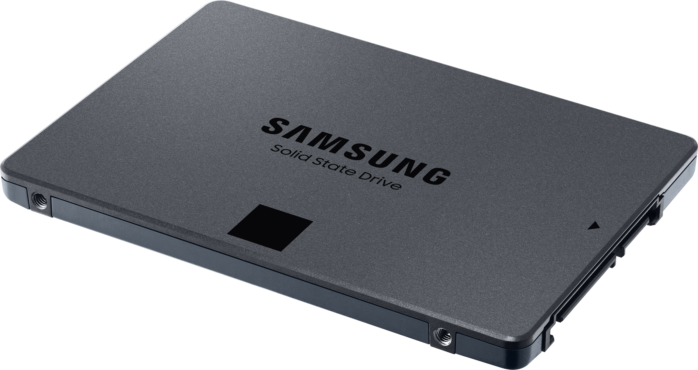 Un SSD Samsung gris foncé sur fond noir. Le texte 'Solid State Drive' est visible.