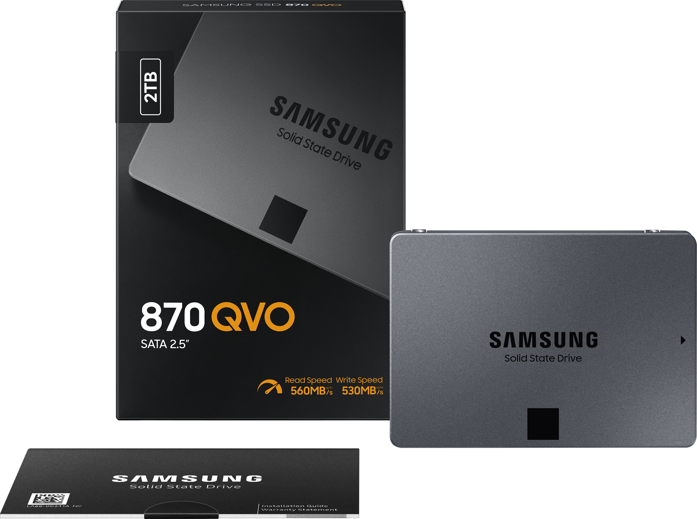 Boîte et disque SSD, noirs avec texte blanc.