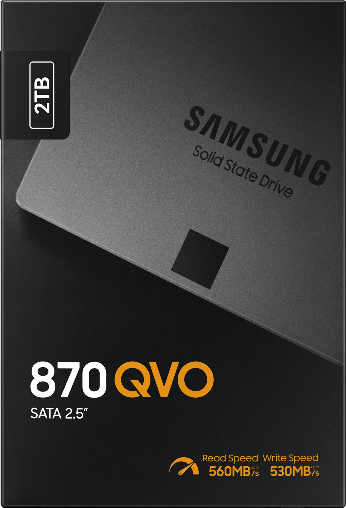 SSD noir avec étiquette 2TB et logo Samsung sur fond sombre.