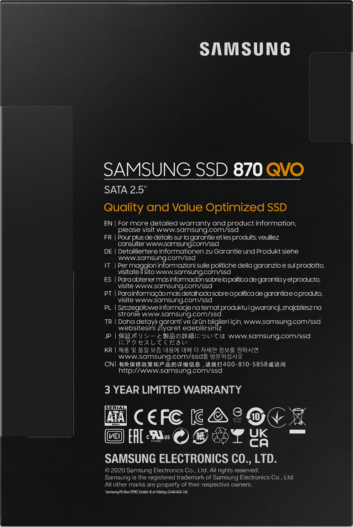 Boîte SSD noire, marque Samsung, SATA 2.5, informations produit.