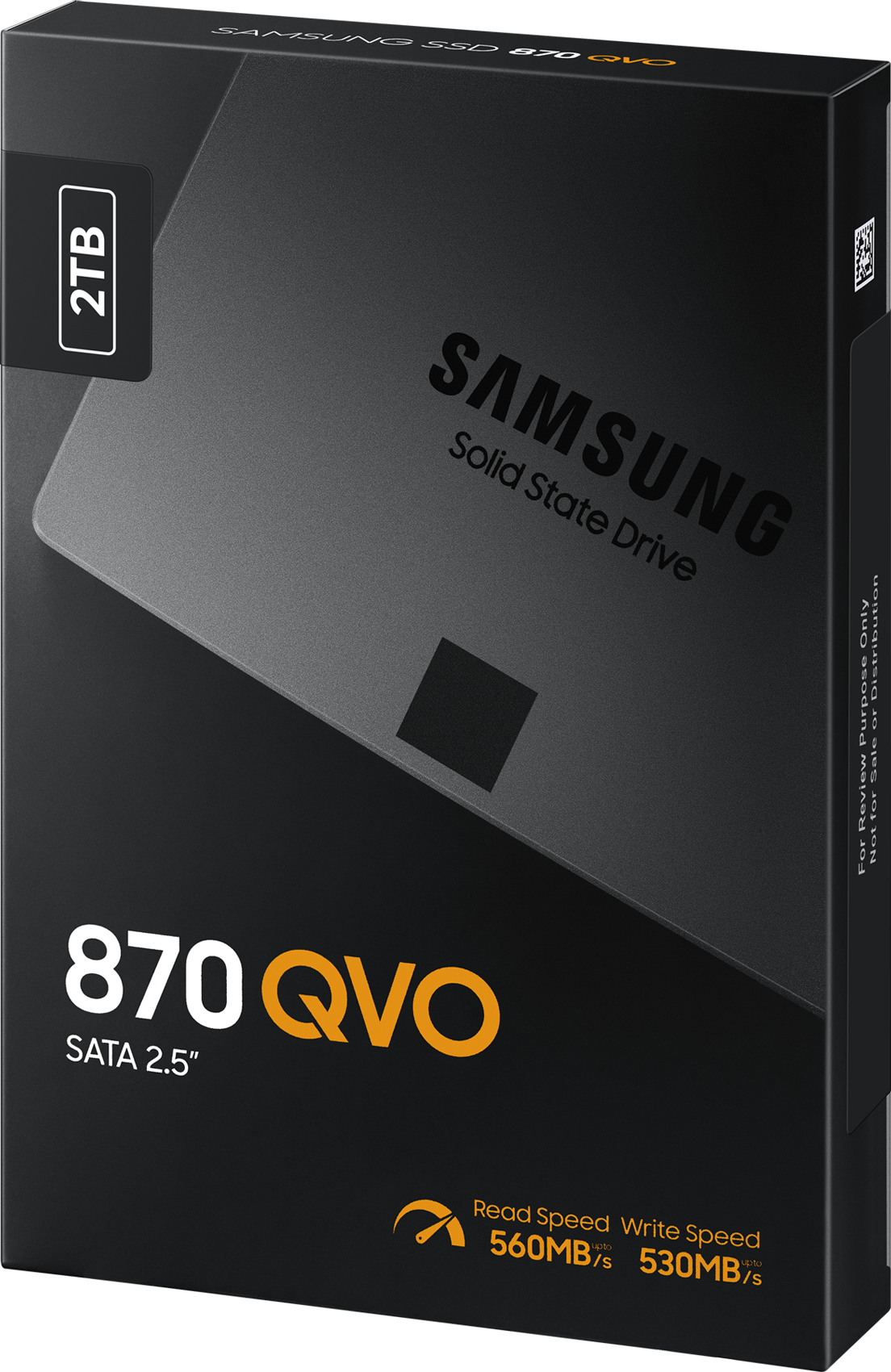 Boîte noire de SSD Samsung 870 QVO. L'avant montre le disque et la capacité.