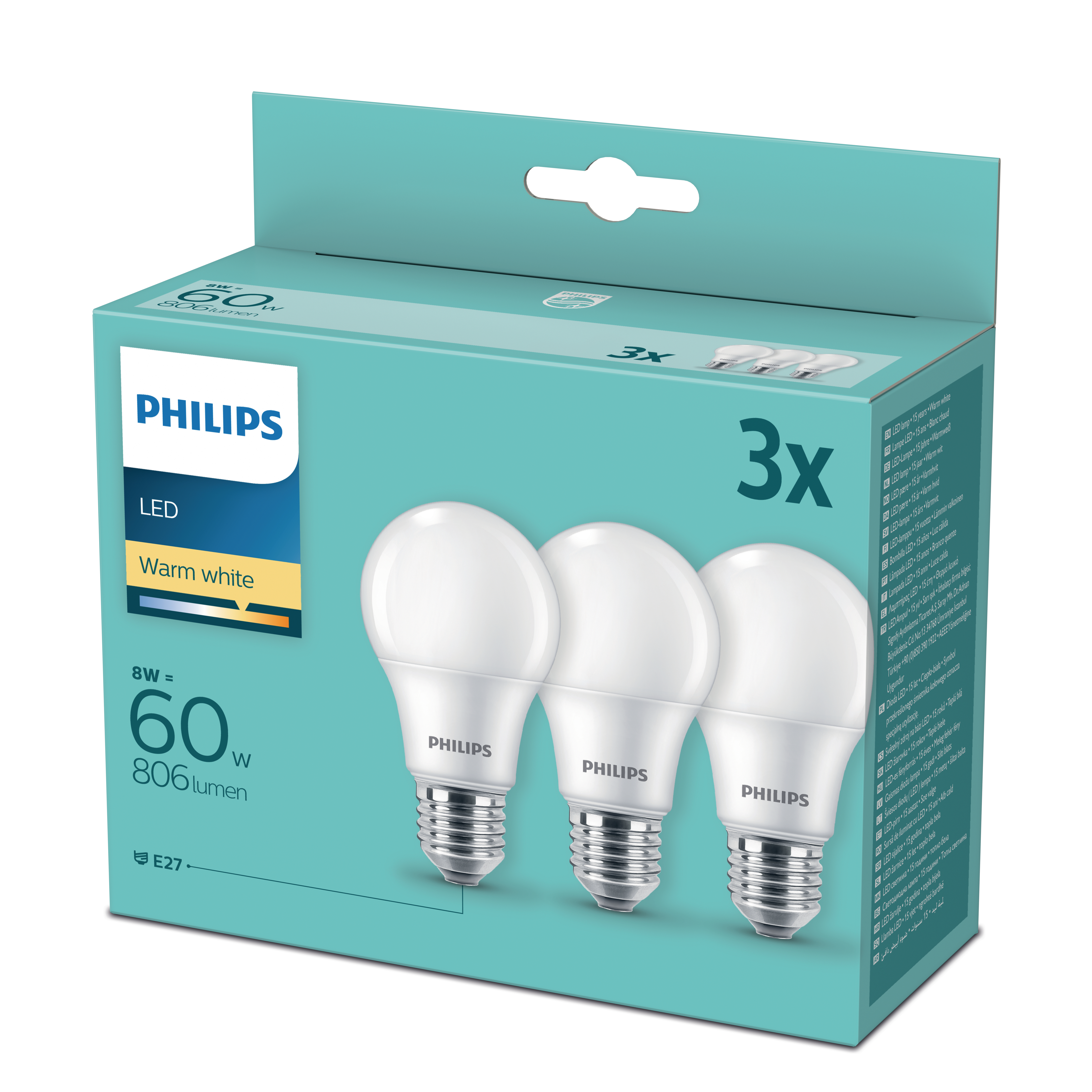 Eine Packung mit drei Philips LED-Glühlampen in warmweiß auf einer blau-weißen Box.