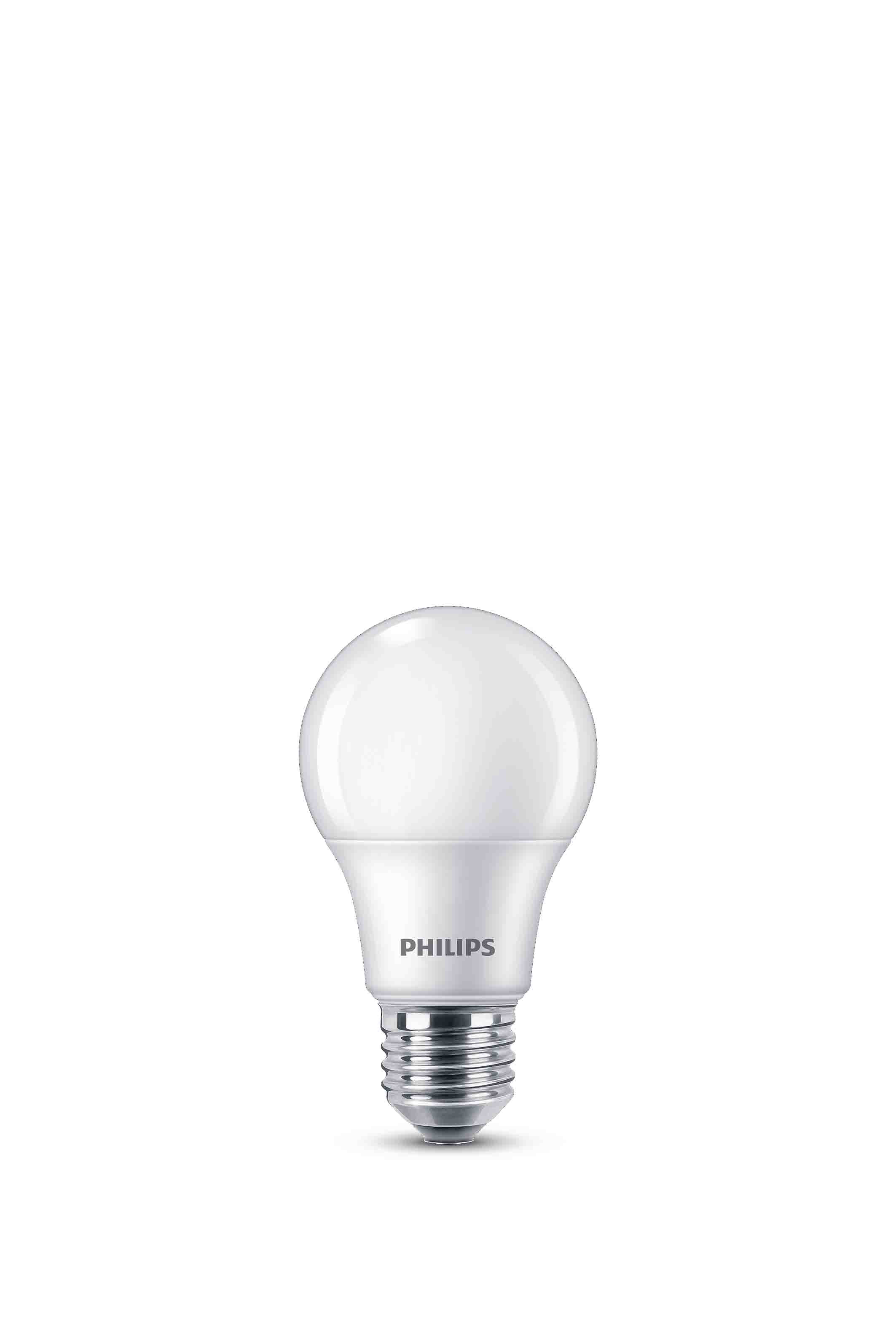 Eine weiße Philips LED-Glühbirne mit silbernem Sockel.
