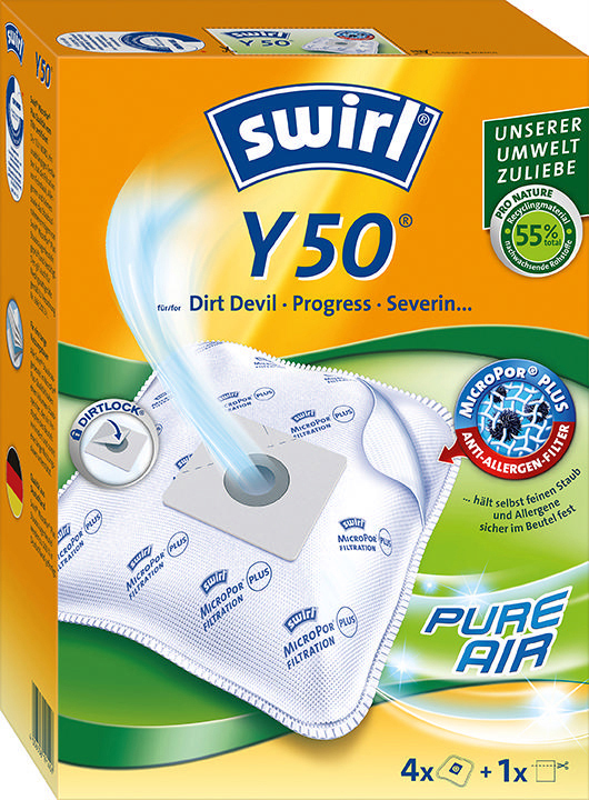 Orangefarbene Schachtel mit Swirl Y50 Staubsaugerbeuteln, auf der das Wort Pure Air steht.