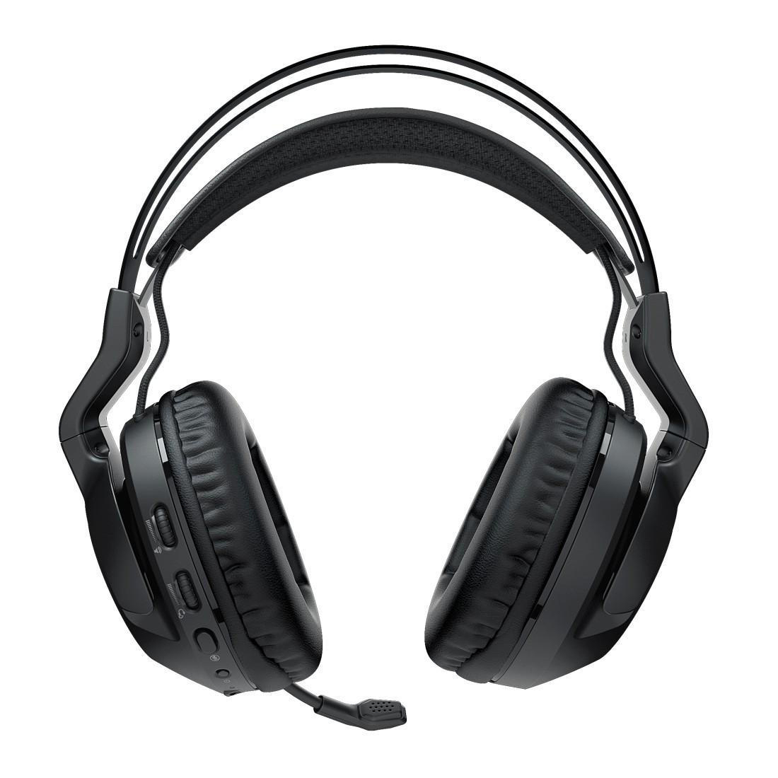 Schwarze Over-Ear-Kopfhörer mit Mikrofon und Bedienelementen.